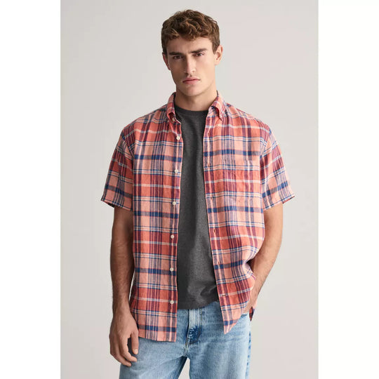 Gant Peachy Pink Linen Madras Short Sleeve Shirt