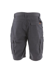 Dark gray cargo shorts on a white background
