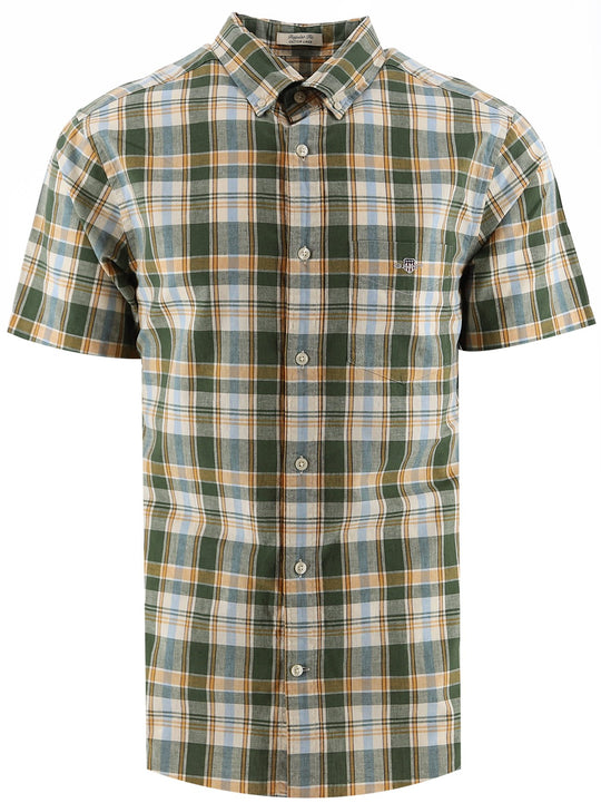 Gant Pine Green Cotton Linen Check Short Sleeve Shirt