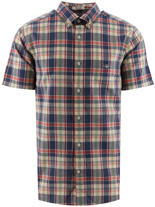 Gant Dusty Blue Sea Cotton Linen Check Short Sleeve Shirt