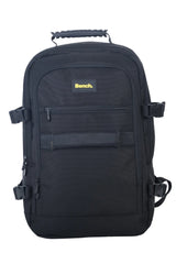 Black backpack with a visible brand logo on a white background
