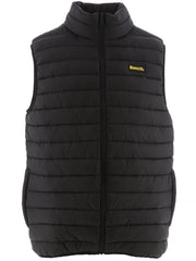 Black puffer vest with Bench logo on a white background