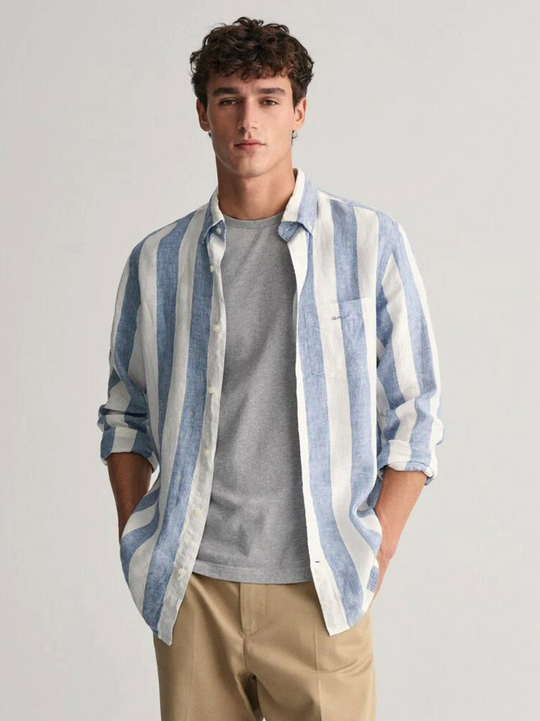GANT Men's Regular Fit Bold Stripe Linen Long Sleeve Shirt Salty Sea Blue