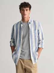 GANT Men's Regular Fit Bold Stripe Linen Long Sleeve Shirt Salty Sea Blue
