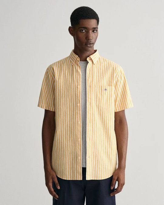 Gant Medal Yellow Cotton Linen Stripe Short Sleeve Shirt