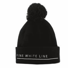 Pom Pom Black Beanie - Fine White Line